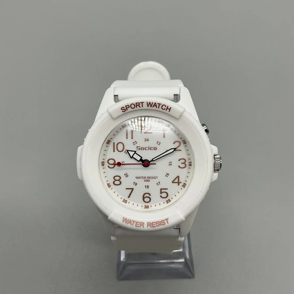 Socico Mens Watch 42mm White Dial Red Numbers White Sport 50M Luminous
